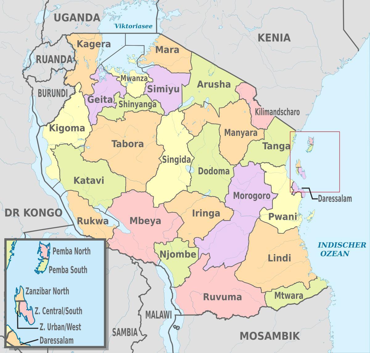 kart over tanzania viser regioner og distrikter
