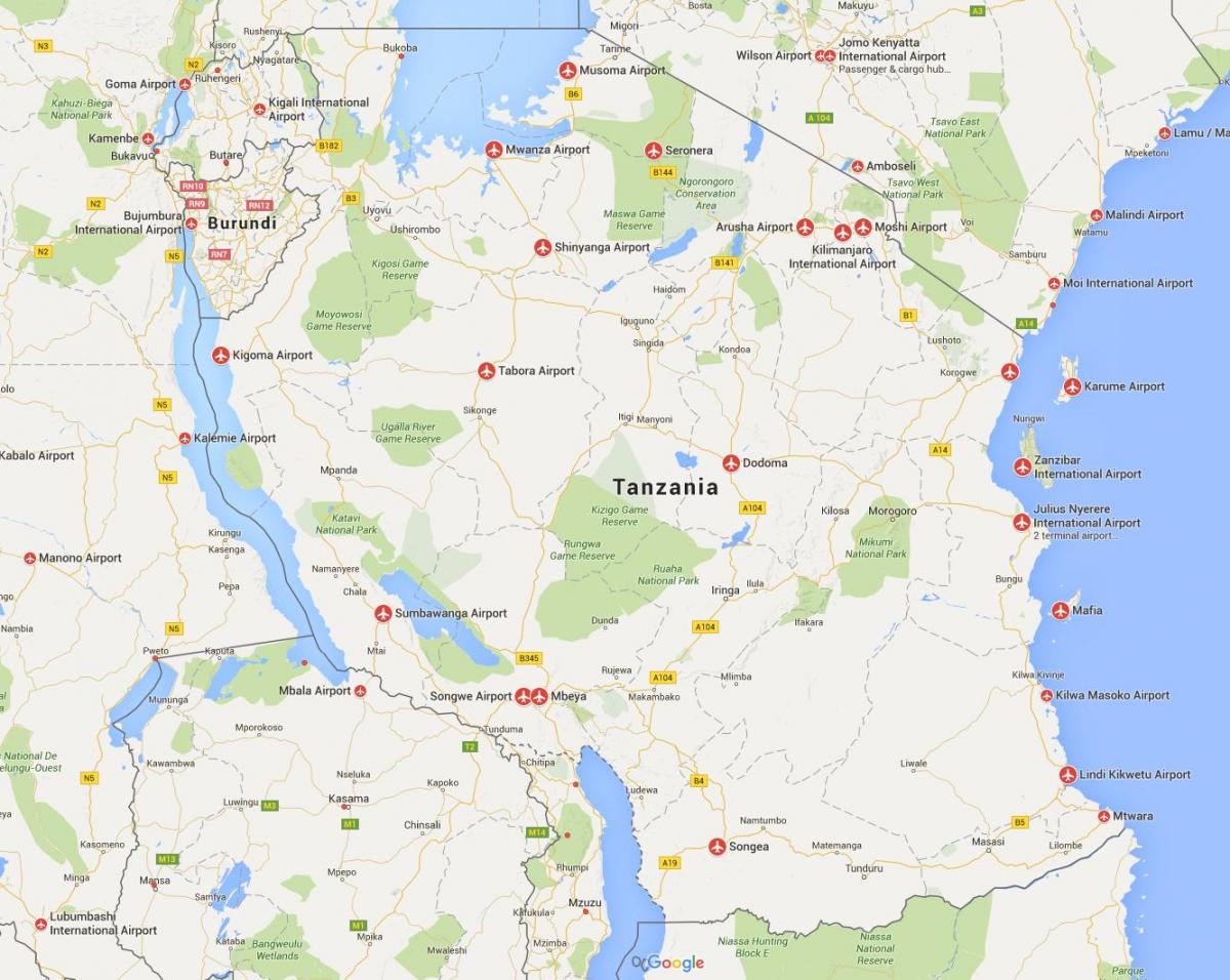 Kart over tanzania flyplasser 