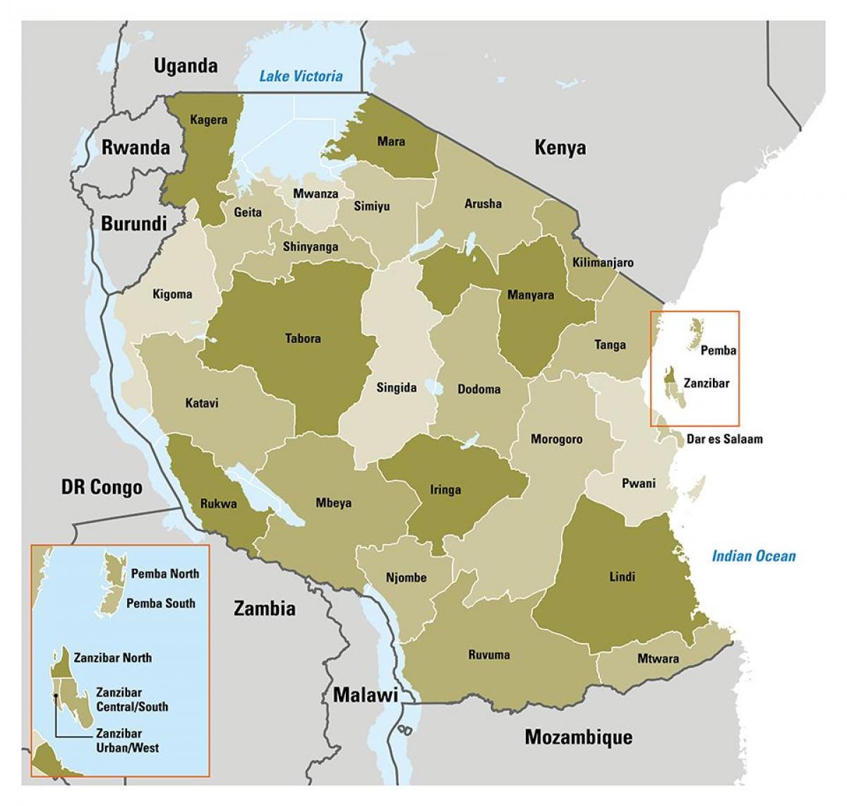 kart over tanzania viser regioner