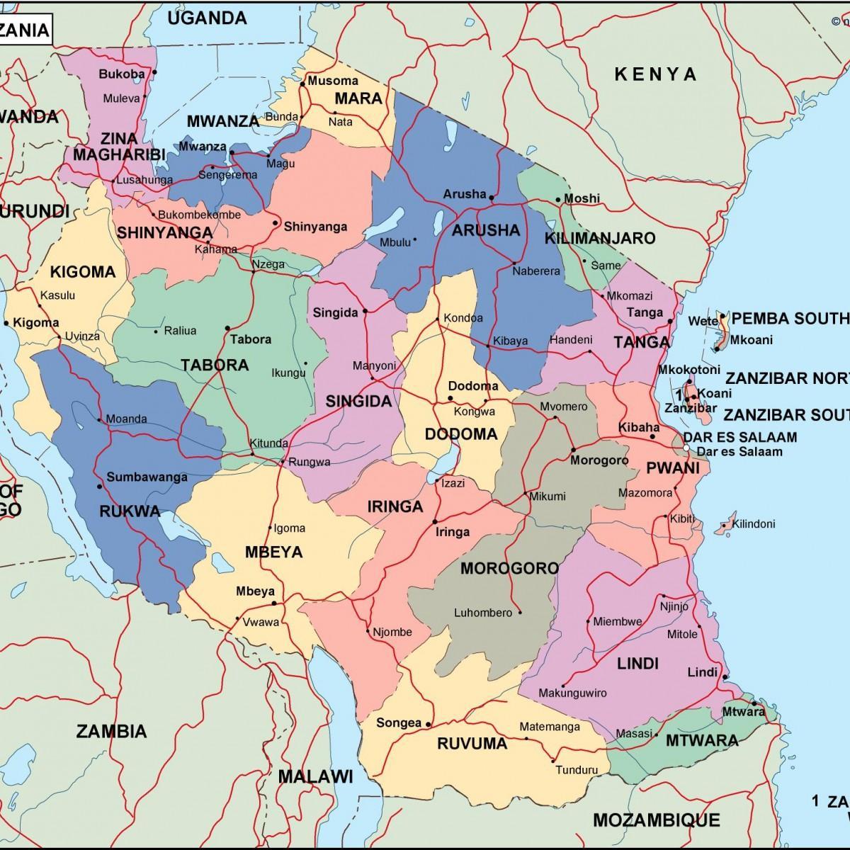 Kart over tanzania politiske