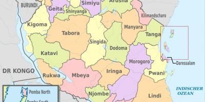 Kart over tanzania viser regioner og distrikter