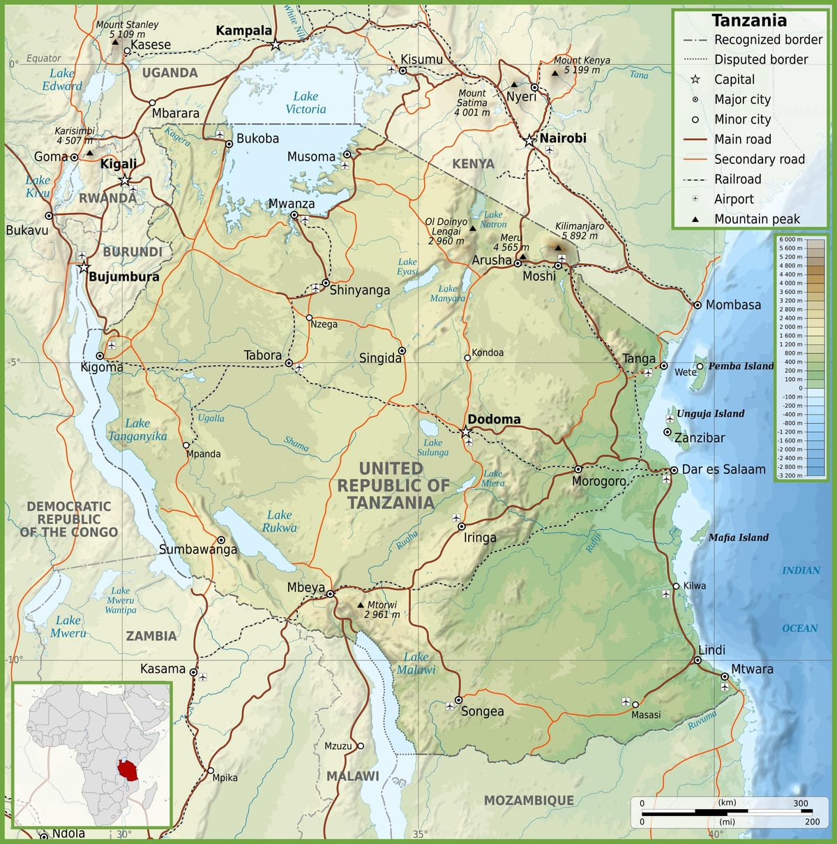 Kart over veien tanzania med avstander